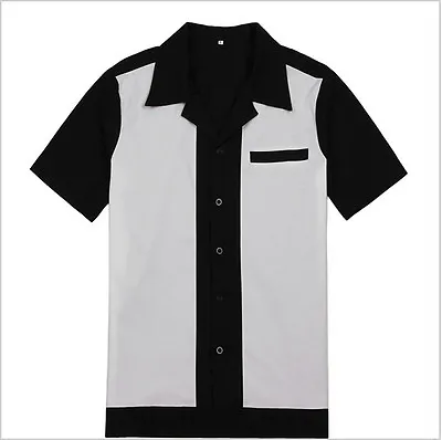 Mens Bowling Shirt Vintage Retro Design 50s 60s Style Cotton Top Party Clubwear • £16.79