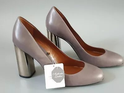 ZARA Grey Leather Court Shoes Silver Mirrored Block Heels UK 6 EU 39 RRP £75 • £32.90