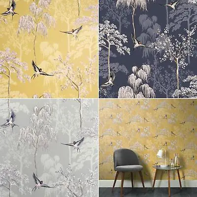 £15.99 • Buy Arthouse Japanese Garden Wallpaper Oriental Trees Birds - Navy Ochre Grey