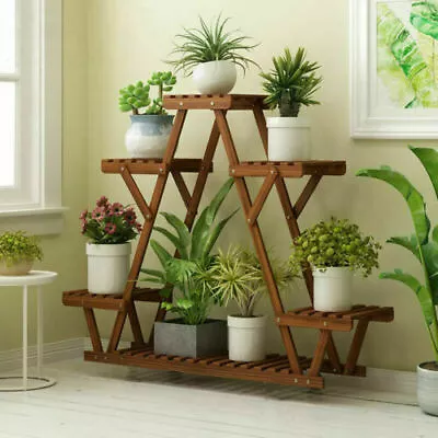 Wood Plant Stand Indoor Outdoor Carbonized Triangle 6 Tiered Corner Plant Rack • $31.95