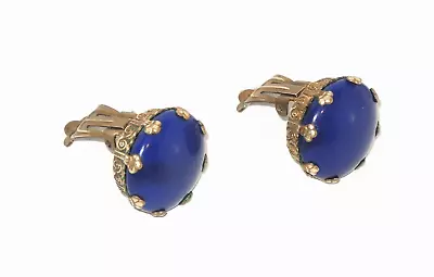 Vintage Signed Western Germany Brass Blue Glass Clip Earrings Costume Jewelry • $35