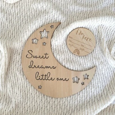 Moon & Stars Wooden Sign Plaque + Baby Milestone Announcement Card Newborn Gift • $23