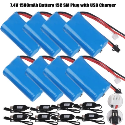 7.4V 1500mAh Li-ion Battery 15C SM Plug+ USB Charger For RC Car Boat Replace UK • £15.99