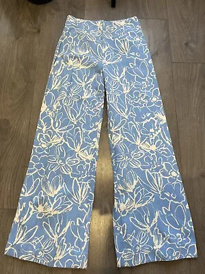 ZARA Holiday Festival Floral Blue Wide Leg Hippie Trousers Size XS BLOGGERS FAV • £11.99