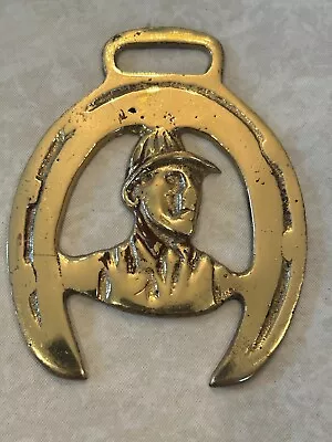 Vintage Brass Horse Jockey Horseshoe Harness Medallion Bridle Saddle Ornament • $10
