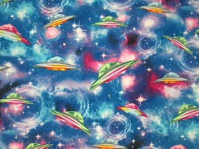 Space Ships UFO Galaxy Lights Stars Bright Sky Colors Cotton Fabric BTHY  • $6.99
