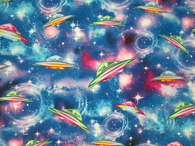 Space Ships UFO Galaxy Lights Stars Bright Sky Colors Cotton Fabric FQ  • $3.95