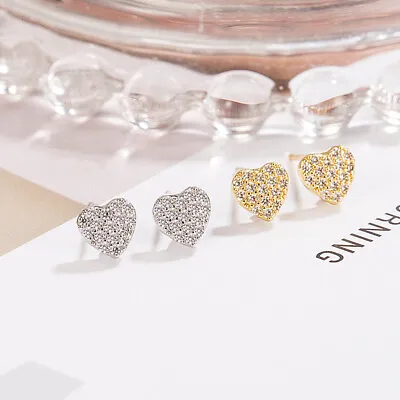 925 Sterling Silver Sparkly CZ Love Heart Stud Earrings Women Girl Gift UK • £3.86