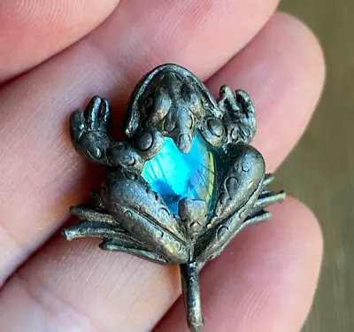 Vintage Pewter Frog Pendant Signed Wheeler 1997 Turquoise Glass Toad • $20