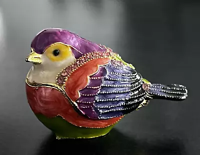 Enamel Rhinestone Metal Hinged Bird Sparrow Jewelry Ring Trinket Box • $21.99