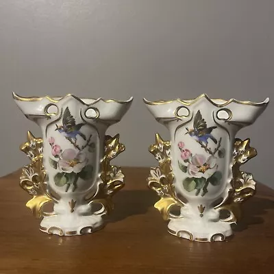 Vintage VA Portugal Porcelain Spill Vases Hand Painted Pair Flowers Birds • $64.99