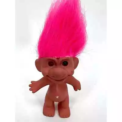 Vintage Lucky Troll Doll Red & Green Eye White Star Belly Stamp Wish Pink Hair • $15