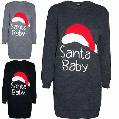 Womens Ladies Christmas Round Neck Santa Baby Xmas Baggy Jumper Mini Knitt Dress • £13.19