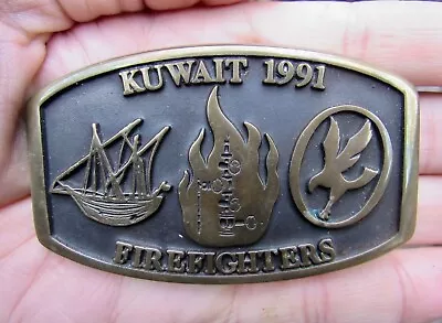 Vtg KUWAIT Belt Buckle 1991 Oilfield GAS OIL WELL FIRE CREW Anacortes RARE VG+ • $39.99