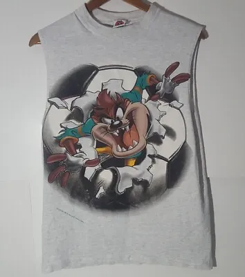Vtg 90s Taz Tasmanian Devil Soccer Looney Tunes Sleeveless Gray Medium Shirt USA • $30
