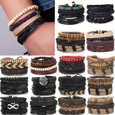 4pcs Fashion Mens Punk Handmade Leather Bracelet Braided Bangle Wristband Set • $2.41