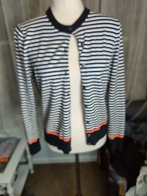 J CREW Cotton Blend Navy Stripe  Med Cardigan Sweater Orange Accent Button Up  • $17