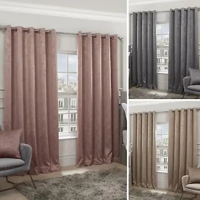 Blackout Eyelet Curtains Regency Damask Thermal Lined Ring Top Curtain Pairs • £24