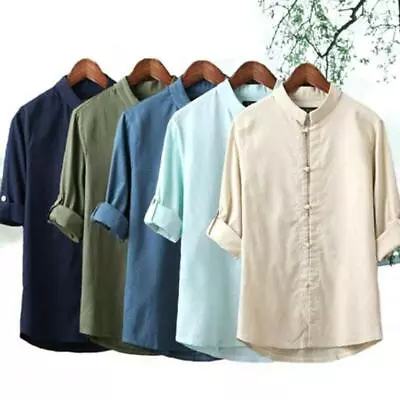 Spring Autumn Men Linen Cotton Shirt Mandarin Collar Traditional Chinese Style • $19.03