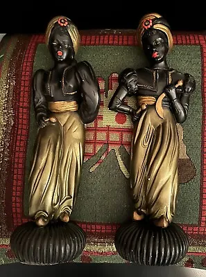 Vintage Antique Mid-Century Chalkware Blackamoor Warrior Statues Pair MCM Decor • $225