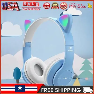 Flash Light Cartoon Cat Ear Earphone With Mic Bluetooth-Compatible (Light Blue) • $11.19