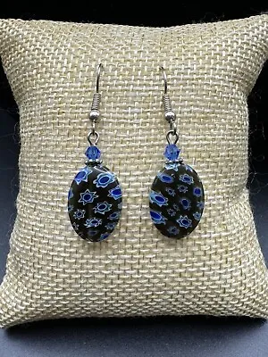 Millefiori Earrings Dark Glass Blue Flower Crystal Oval Dangle Silver Tone • $7.99