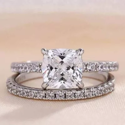 3CTW Cushion Cut VVS1 Moissanite Matching Wedding Ring Set 14K White Gold Plated • $161.52