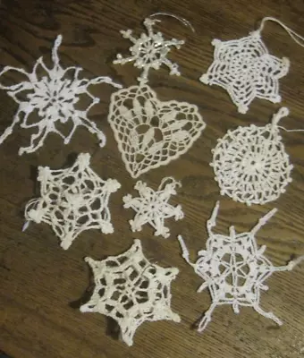 VTG Crochet STARCHED Snowflake/3-D/HEART Ornaments Set Of 9 Assorted SZS-HANDMAD • $10.99
