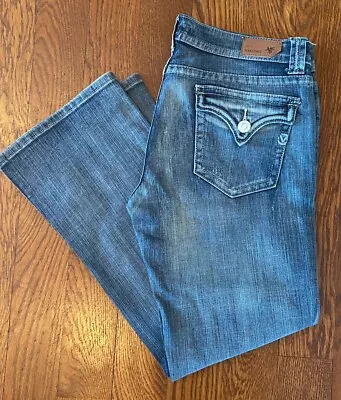 Vigoss New York Boot Cut Blue Distressed Flap Pocket Mid Rise Jeans Sz 11 • $21