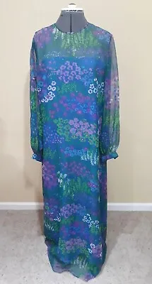 Vtg 60-70s Nat Kaplan Couture Floral Chiffon Gown Maxi Dress L-XL Blue Green • $46.75