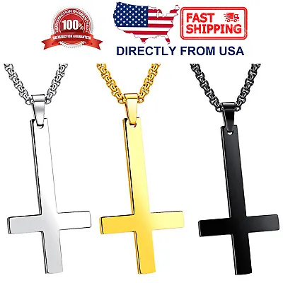 Men's Stainless Steel Inverted Upside Down Cross Of Saint Peter Pendant Necklace • £15.12