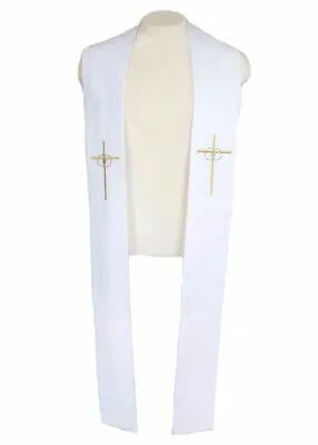 White Wedding Stole (01) Clergy Embroidered Gold Cross/2 Silver Rings Clergy • $38.49