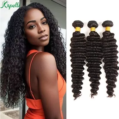 10A Brazilian Virgin Human Hair Deep Wave Hair 3 Bundles Black Weft Remy • $14.22