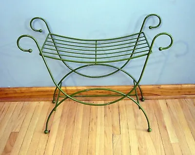 Green Small Vintage Hollywood Regency MCM Vanity Stool Bench Cushion Iron • $120