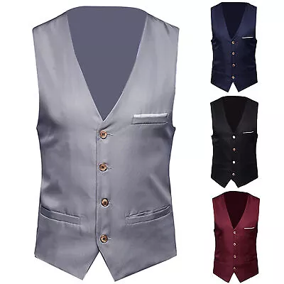 Men's V-Neck Suit Vests Formal Vest Slim-Fit Business Dress Waistcoat Plus Size • £11.14