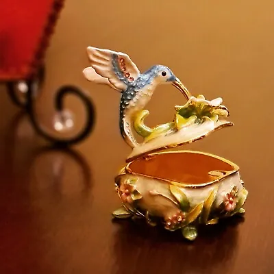 $24 • Buy Blue Hummingbird Atop Flower Trinket Box Ring Jewelry Storage Keepsake Bejeweled