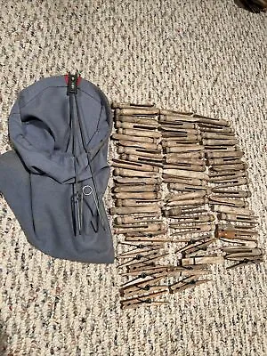 VTG CLOTH And Wire Hanger Clothes PIN Bag With Wooded And ROUND Head Clothespins • $35