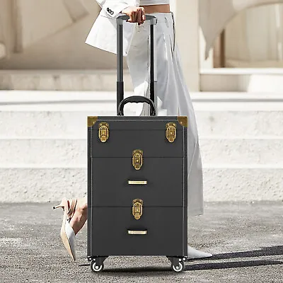 Aluminum Cosmetic Case Professional Trolley Makeup Train Case With Drawer Black • $87.40