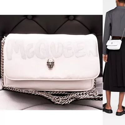 NEW $890 ALEXANDER MCQUEEN White Nylon CRYSTAL SKULL SILVER GRAFFITI Flap BAG! • $635