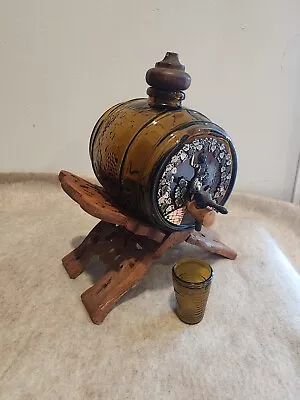 VINTAGE  ORNATE Amber Glass Keg Decanter W/ Wooden Stand AND SHOT GLASS • $35