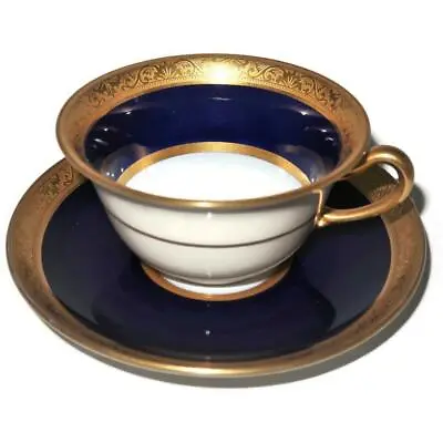 T & V Limoges Raynaud Conde Cobalt Blue Gold Encrusted Coffee / Tea Cup & Saucer • $260.99