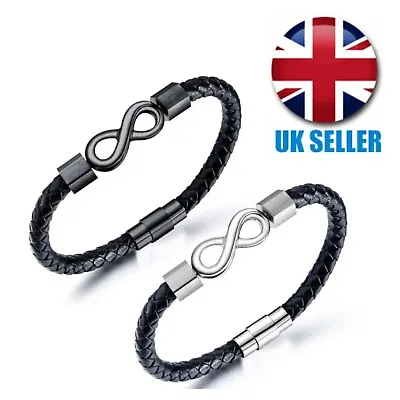 Infinity Braided Leather Bracelet For Men Stainless Steel Bangle Magnetic Clasp • £6.99