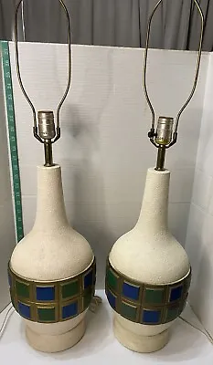 Pair Of Vintage Mid Century Modern Geometrical Design Blue Green Pieri Lamps • $130