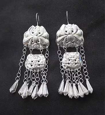 Retro Dong Miao People Tribal Handmade Miao Silver Butterfly Tessels Earring • $20