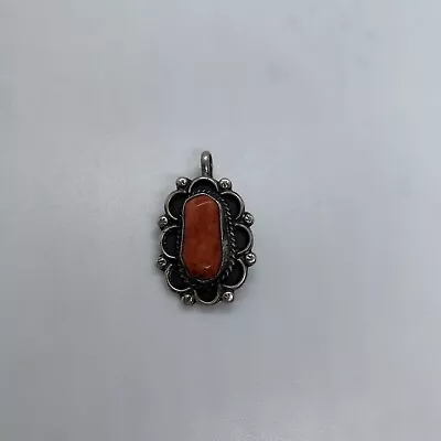 Vintage Native American Sterling Silver Coral Stamped Pendant Old Pawn? • $39.99