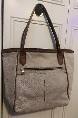 FOSSIL Classic Checkered Brown/White Tan Leather Trim Tote Shoulder Bag Purse • $18