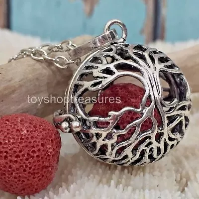 Tree Of Life Aromatherapy Diffuser Necklace Essential Oil Locket Red Lava Stone • $19.95