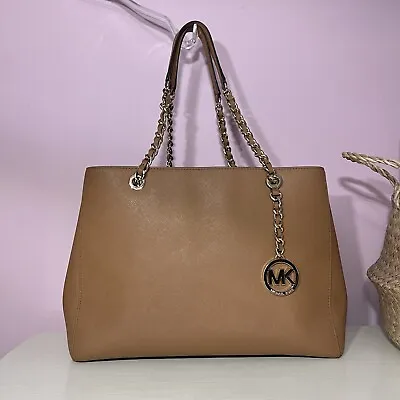 Michael Kors Tan Brown Saffiano Leather Tote Shoulder Bag Gold Chain MK • $99