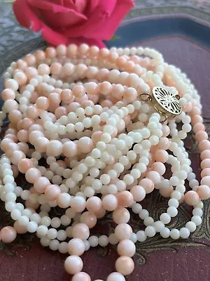 VTG 14/20 Gold Natural Pink White Angel Skin Coral 8Strand Bead Necklace 16” 70g • $88.80