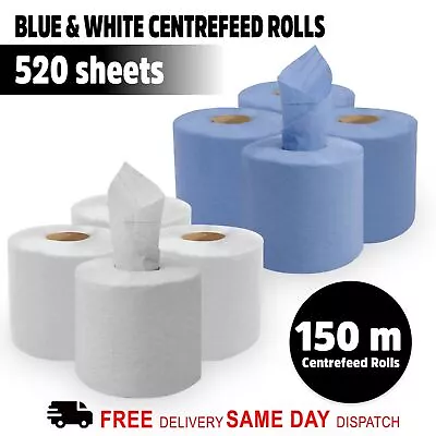 150m Blue White Centrefeed Rolls Embossed Hand Wipes Tissue Paper Kitchen Towel • £7.99
